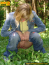 Sexy blonde wearing blue denin and black panties bends low to piss in