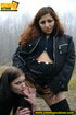 Two hot chicks on the open road piss outdoors on their hands and lick