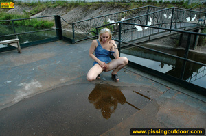 Young blonde chick with small sexy tiny tits bends to open ass and piss outdoors - XXXonXXX - Pic 3