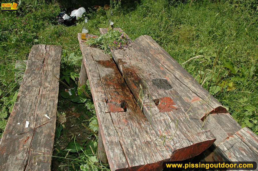 Long hair babe looking sweet climbs an old table in forest to spray hot piss - XXXonXXX - Pic 11