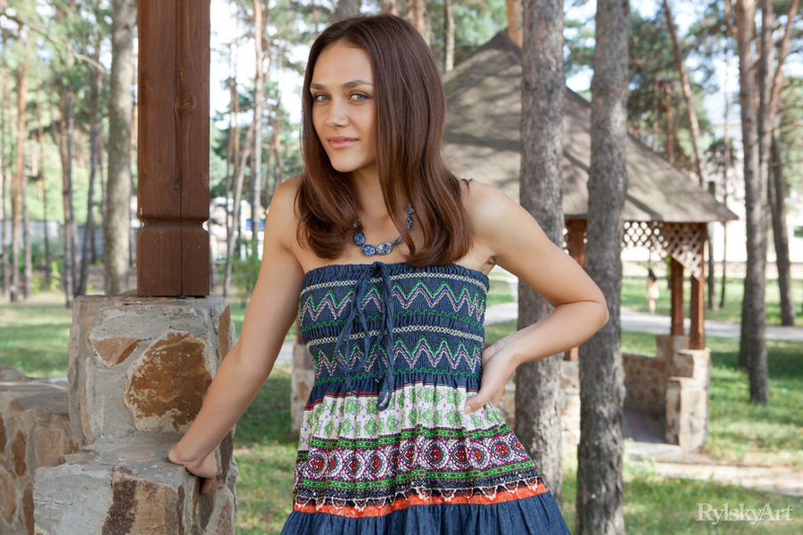 Cute brunette teen in lovely dress and bead - XXX Dessert - Picture 1