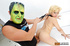 Submissive blonde with a gag-ball and nipple clamps serving dude in a