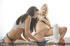 Hot sweaty threesome with two hot girls swallowing and fucking a thick