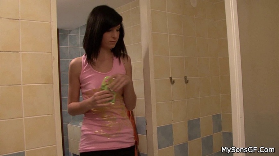 Randy brunette with tasty small tits showering and getting spied on by boyfriend's horny dad. - XXXonXXX - Pic 1