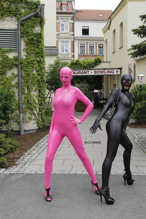 Two black and ping zentai wearing girls  - Picture 11