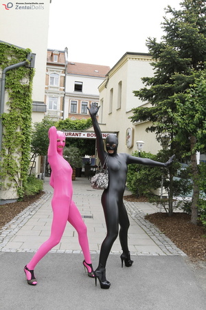 Two black and ping zentai wearing girls  - Picture 12