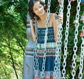 Cute black hair chick lifts dress to show cute small tits and sweet bushy