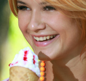 Sexy ice cream blonde seduces with her fleshy spicy pussy, hot tits and
