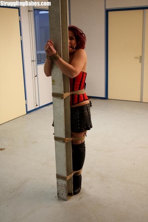 Nasty big butt whore is roped to a pole  - Picture 1
