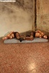 Topless pantihose whores get bound together on the floor