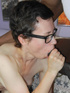 Slim white horny mama in glasses sucks and licks sweet black cock to orgasm