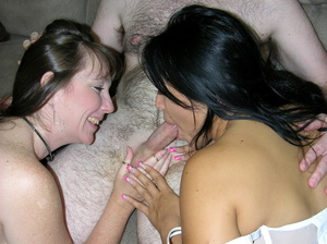 Two slutty and horny mamas get serious with a stiff cock sucking it to pleasure - Picture 15