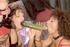 Very hot retro lesbian threesome with a big green cucumber