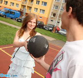 Busty redhead Charlotte seduces a guy in the street to sex outdoors