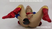 Blonde supergirl pounding her ass butthole with the enormous black dildo