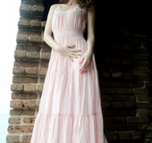 Hot brunette in pink gown drops gown and underwear to show tits, ass and
