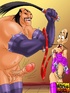 Mulan in bondage as Shang and Shan Yu lord over her and Chi Fu in chains
