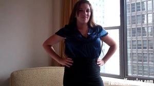 One hot and attractive brunette babe in blue silk shirt talks nasty and tease - Picture 1