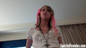 Cute slutty teenage blonde in white shirt with pink flower in hair talks dirty and tease guys - Picture 5