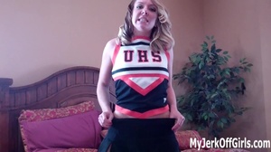 Sexy young slutty blonde babe in cheerleader dress exposing her pussy and hot body - Picture 3