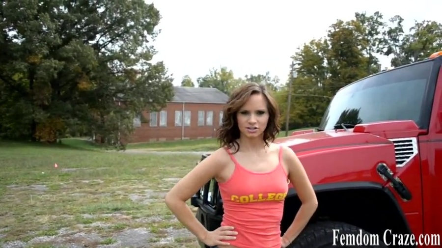 Young hot teen slutty brunette babe in jea shorts and red tank talks dirty and stan by red truck - XXXonXXX - Pic 1