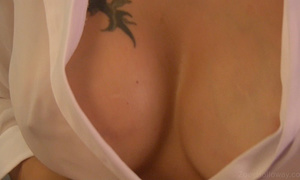 Lustful brunette MILF in a white transparent shirt rubbing and fingering her hungry twat - XXXonXXX - Pic 7