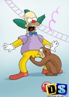 Krusty bangs Marge's pussy on table and gets a blowjob from monkey