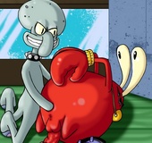 Mr. Krabs bumped by Squid and catches Squidward and Patrick with big tits