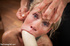 Obedient blonde gets roped, made to squat with weights plus dildo in mouth