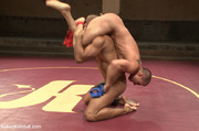 Horny dude and tattooed friend wrestle grabbing cock, sucking and fuck ass