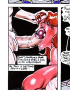 Red-skinned babe with big juggs getting banged by superheroes and monsters