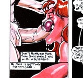 Red-skinned babe with big juggs getting banged by superheroes and monsters