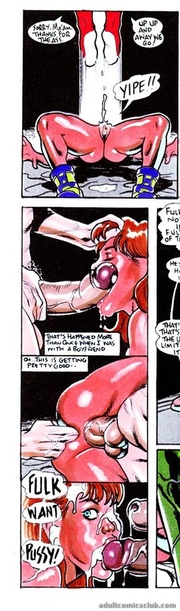 Red-skinned babe with big juggs getting banged by superheroes and monsters