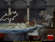Dirty brunette slut in a red suit and fishnet stockings giving head to a big 3D toon monster