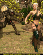 Two huge forest monsters sharing a sexy blonde tomb rider