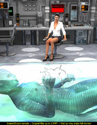Very tall blue striped alien with a long tail pounding badly a brunette