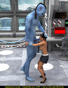 Very tall blue striped alien with a long tail pounding badly a brunette
