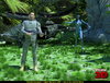 Striped blue female alien with a long tail strikes a soldier in the jungle