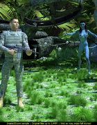 Striped blue female alien with a long tail strikes a soldier in the jungle