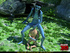 Striped blue female alien with a long tail strikes a soldier in the jungle