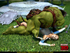 Huge muscular green 3D monster with a sword doggystyling a hot blonde