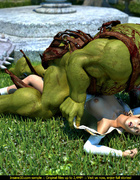 Huge muscular green 3D monster with a sword doggystyling a hot blonde