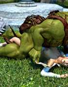 Ginger ponytailed babe getting ripped by a muscular green orc, one of