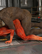Space pioneers female fox creature and a huge bear monster rocking in
