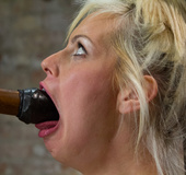 Sweet blonde suspended with rope as chick in cap drilled with vibrator