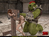 Horny green orc in armor handling ponytailed fairy girl