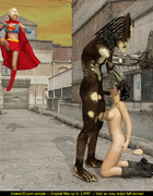Ugly monster having fun with Supergirl and her ponytailed brunette friend