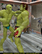 Two huge green lads fucking on the ring a female referee in public