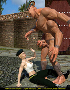 Four-handed demon with horns fucking eagerly blonde chick in glasses and