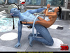Blue striped male creature with a tail fucking hard a brunette scientist